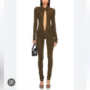 LAQUAN SMITH Front Keyhole Jumpsuit suede Olive green catsuit Revolve $2150 L